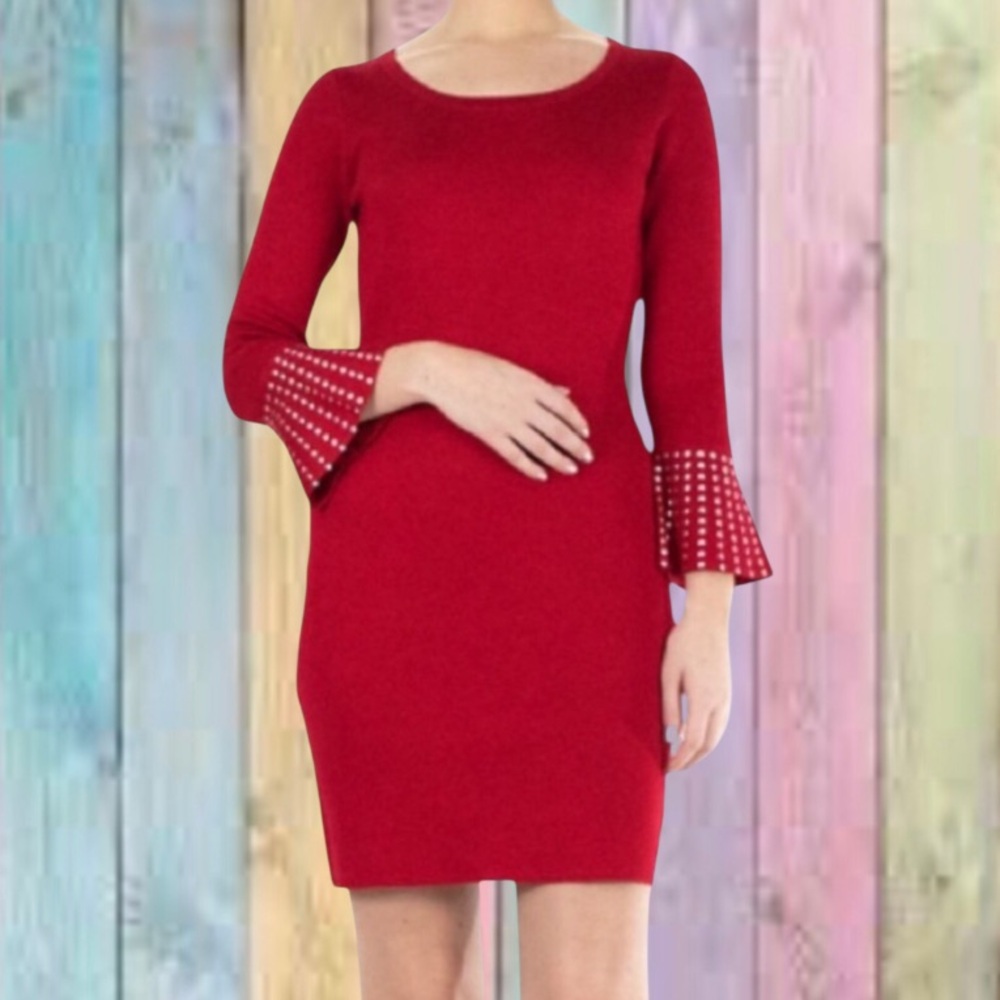 Nina Leonard Red Studded Bell Sleeve Sweater Dress NWT